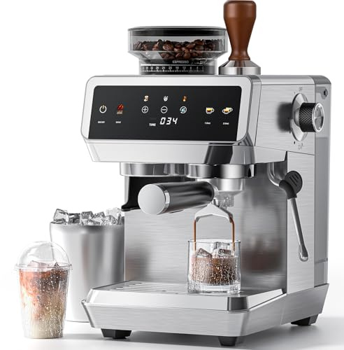 AMZCHEF Cafetera Espresso con Molinillo Integrado 20 Bares – Máquina de Café con 44 Ajustes de Molienda，Vaporizador de Leche, 4 Temperaturas, Función Café Frío, Acero Inoxidable, Depósito 1.8L