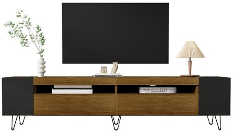 HaoChrymec Mueble TV con MDF Y Tablero De Partículas, con Puertas Y Estantes Abiertos, Almacenamiento Amplio, para Sala De Estar, Negro Y Madera, 180x36x43cm