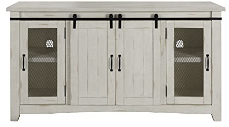 Martin Svensson Home 65 Solid Pine Wood Entertainment Center with Storage. Rustic TV Stand for TVs up to 70. Sliding Doors, Adjustable Shelves & Cable Management – White Finish
