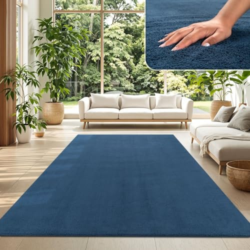 TT Home Wohnzimmer Teppich Kurzflor Anti-Rutsch Rückseite Unifarben Modern Waschbar, Farbe: Blau Navy, Größe:120x160 cm
