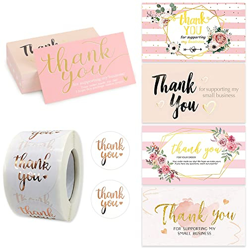 Juego de 750 tarjetas de felicitación de agradecimiento por su pedido, 250 mini tarjetas de agradecimiento de lámina dorada con 500 pegatinas de agradecimiento, tarjetas de agradecimiento
