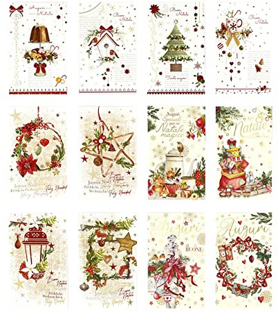 ARKRAFT set da 24 pezzi biglietto natalizio italiano auguri natale 12 biglietti + 12 buste porta biglietti (C)