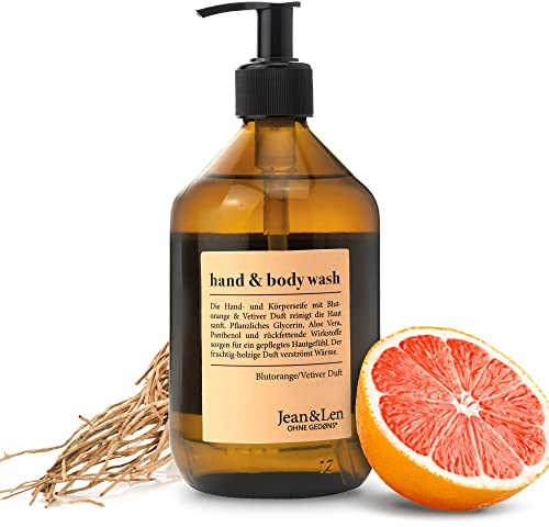 Jean & Len Hand & Body Wash Blutorange & Vetiver, reinigt und pflegt die Haut beim Waschen, fruchtig-holziger Duft, Duschgel & Seife, ohne Parabene, Silikone & Mikroplastik, vegan, Glasflasche 500 ml