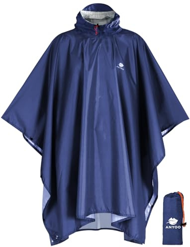 ANYOO Leichter Wasserdichter Regenponcho Wiederverwendbar Atmungsaktiver Regenschutz, Unisex Ripstop Regenmantel mit Kapuze Faltbare für im Freien Camping Wandern Angeln, Marine, Einheitsgröße
