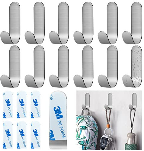 Realure 12 Pcs Stainless Steel Self Adhesive Wall Hooks - Silver, Extra Strong, No Nails, Stick On, Heavy Duty Small Sticky Hooks for Kitchen, Bathroom