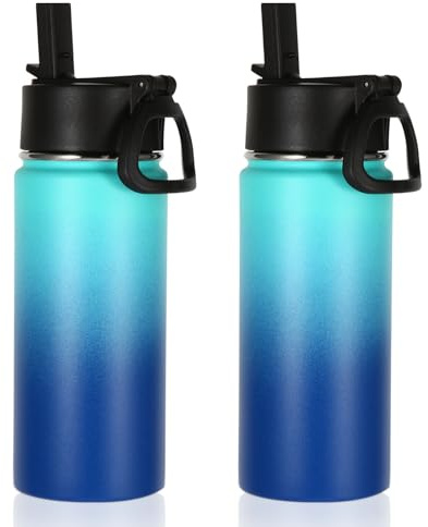 Volhoply 480ml Kids Water Bottle Bulk 2 Pack,Insulated Sports Bottles with Straw Lid,Stainless Steel Bottle with Handle Keep Cold & Hot,Double Wall Vacuum Flask for School(Green Blue,Set of 2)