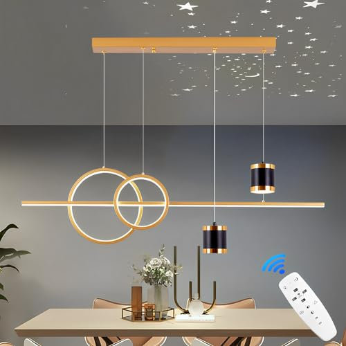Qiaomao Lampadario a Sospensione LED 49W Dimmerabile con Telecomando, lampada sospensione dal design con cielo stellato, lampadari moderni cucina, lampadario salotto, Altezza regolabile 120 cm, Oro
