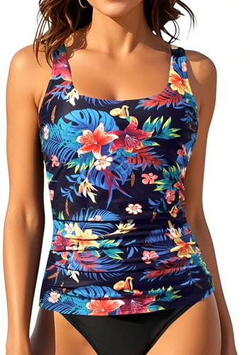 Aqua Eve Tankini Tops for Women Swimwear Top Only Tummy Control Bathing Suit Top No Bottom (Available in Plus) Black and Colorful Flower L