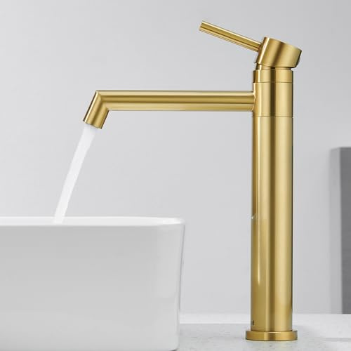 Ulytid Grifo Lavabo Dorado, Grifo Lavabo Alto Giratorio de 360°, Grifo de Baño Oro Cepillado de Acero Inoxidable, Monomando con Altura Del Caño de 204 mm, Agua Fria y Caliente Disponible