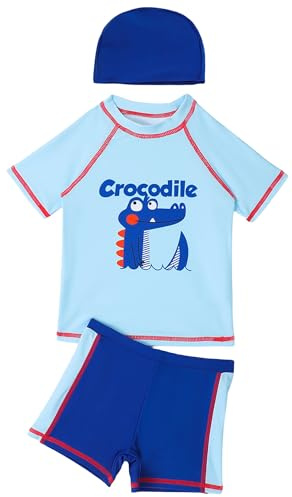 SEAUR Kinder Jungen Badeset mit Badekappe UV Schutz 3 Teilig Rash Guard Badehose Schwimmshirt Kurzarm Badeanzug - 7-8 Jahre