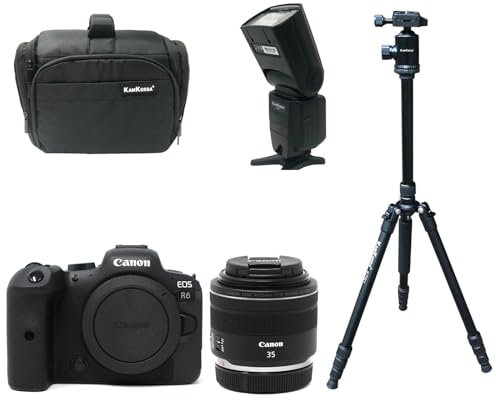 KamKorda Camera Bag + Flash + Tripod + R6 Mirrorless Digital Camera Body + RF 35mm f/1.8 IS Macro STM Lens, 20MP Full-Frame CMOS Sensor, 4K60p and FHD 120p 10-Bit Internal Video + 2 Year Warranty