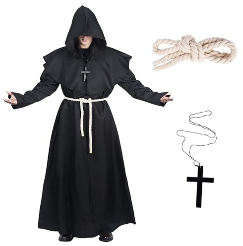 OUOQI Túnica Sacerdote de Halloween, Disfraz de Monje con Capucha, Sacerdote Túnica Medieval, Halloween Prister Disfraz, Disfraz de Túnica de Monje, con Collar de Cruz,Guantes,Cinturón