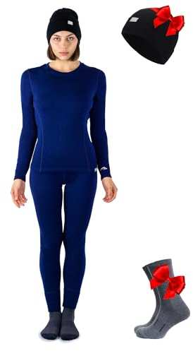 Merino.tech Conjunto Deportivo Mujer Lana Merino + Gorro - Peso Medio Ropa Mujer Merino Сamiseta, Pantalon, Gorro (Medium, Navy)