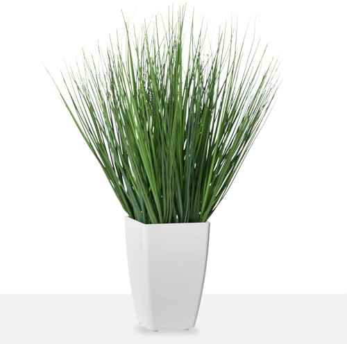 Torre & Tagus 17 Artificial Onion Grass in White Rectangle Pot, Faux Grass Plant & Tall Foliage Fake Grass Decor as Artificial Grass for Planters, 11 x 11 x 17 (Onion Grass Fake Plant)