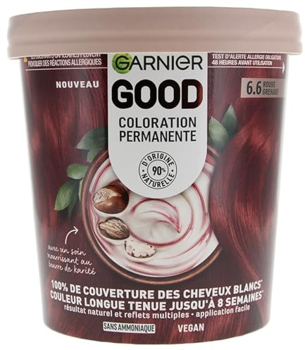 Garnier - Permanente Haarfarbe – ohne Ammoniak – 90% Inhaltsstoffe aus natürlichen Ursprungs und veganer Formel – Sheabutter – 100% Abdeckung für weißes Haar – Granatapfelrot (6,6) – Good