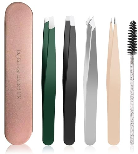 J&J Tweezers Facial Hair Women, Tweezers Eyebrows, Eyelashes, Professional Tweezer, Precision Tweezer -4-Pack with Eyebrow Brush