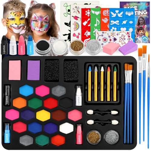 Halloween kinderschminke set, 21 Farben Kinderschminken set, Waschbar kinder schminke mit 5 Kinderschminke Stifte, 4 Lippenstift, 4 Schablonen, face paint für Karneval, Halloween, ab 3 Jahren