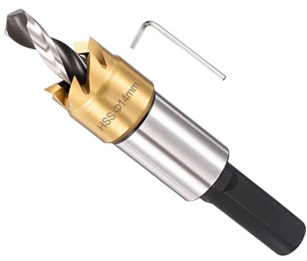 METALLIXITY Hole Saw 14mm (9/16), 4341 High Speed Steel Hole Cutter with Center Drill Bit, Hex Key and Spring - for Thin Metal, Wood, Plastic, PVC Boards. Gold