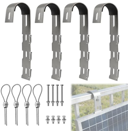EXLECO 4 x Haken für Balkonkraftwerk Halterung, Balkonhalterung Solarmodule Montageset, Edelstahl Solarpanelbefestigung Haken, Solarpanel Montagezubehör für Balkongeländer Flachdach Solarzaun, Silber