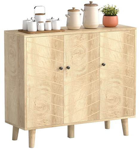 HOMCOM Sideboard Cabinet, Modern Vintage Kitchen Storage Cabinet with 3 Chevron Doors and Pine Wood Legs for Living Room, Kitchen, Hallway, Natural Wood Finish