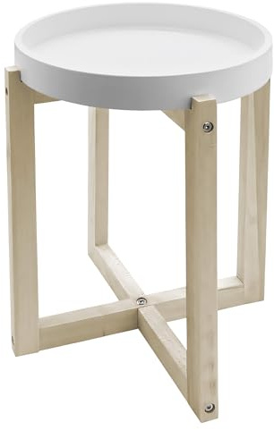 Spetebo Mesa auxiliar redonda de madera con tablero de mesa en diseño de bandeja, 30 cm, color blanco, mesa de flores decorativa con estructura en X natural, mesa de café, mesa decorativa, taburete