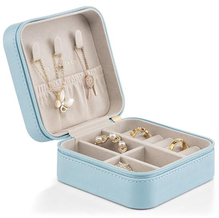 Vlando Small Travel Jewelry Box Organizer Display Case for Girls Women Gift Rings Earrings Necklaces Storage, Blue