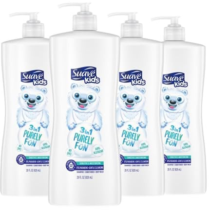 Suave Kids 3-in-1 Shampoo Conditioner Body Wash Purely Fun Makes Bath Time Quick and Easy, Paraben Free and Dermatologist Tested Kids Shampoo 3 in 1 Formula 28 Fl Oz (Pack of 4)