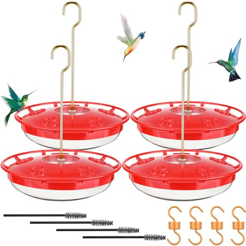 4 Sets Hummingbird Feeder for Outdoors Hanging 16 oz Saucer Humming Feeder with 5 Feeding Ports Flat Hummingbird Feeders Easy to Clean Including Hanging Hook, with Brushes