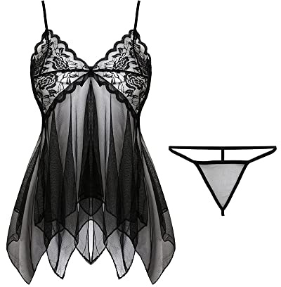 KOEMCY Lencería Mujer Sexy Body de Encaje Lenceria Cuello V Conjunto de Lencería Babydoll Lenceria Erótica Pijama Camisón de Encaje Ropa Interior con Tanga Vestido De Dormir (Negro)