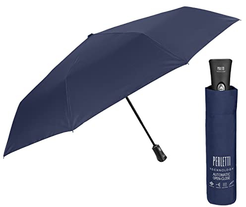 PERLETTI Ombrello Pieghevole Antivento Uomo - Ombrellino Compatto Resistente Ultra Leggero Adulto - Ombrello Apertura e Chiusura Automatica da Viaggio - Diametro 104 cm (Blu Scuro)