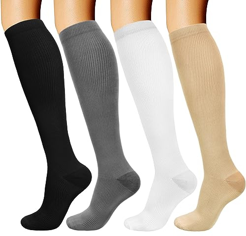 DRESHOW 4 Paires Chaussettes de Compression pour Femmes & Hommes Circulation pour Athlétisme,Course,Cyclisme,Voyage