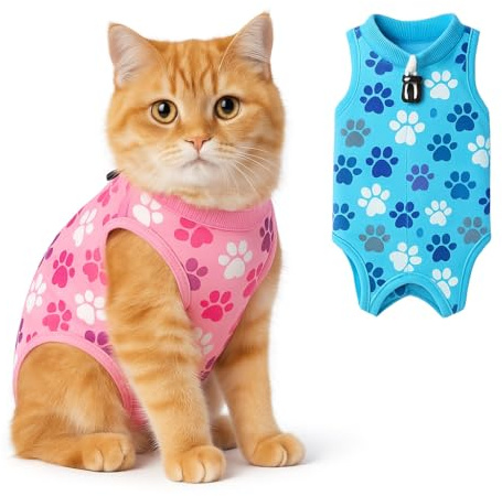 COZYDOODZ Cat Recovery Suit – Soft Breathable Cat Onesie for Female & Male Cats After Surgery, Spay, Neuter or Wounds, Cat Surgery Suit, Recovery Suit for Cats, Cone Alternative, Pink Paw Print
