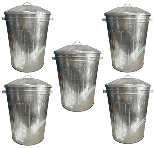 Cubo grande de metal galvanizado con tapa + asas para almacenamiento de residuos y piensos de animales, 5 unidades