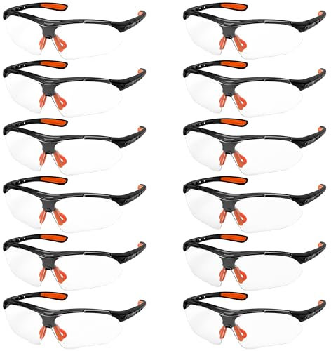 Kurtzy 12er Pack Schwarze & Orange CE-zertifizierte Sicherheitsbrillen - Klare Gläser - PSA-Schutzbrillen mit Gummibügel - Kratzfeste Augenschützer - Arbeitsschutzbrille