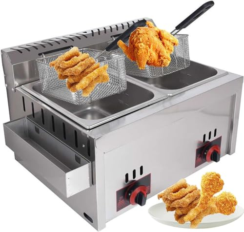 Friteuse à gaz commerciale 10L x 2, friteuse à gaz polyvalente pour un usage domestique et commercial, flamme et température personnalisables, design en acier inoxydable facile à nettoyer