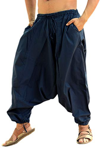 Sarjana Handicrafts - Pantaloni harem da uomo e da donna in cotone, stile genie, larghi, con cavallo basso, da yoga, Blu navy 1, Taglia unica
