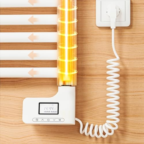 EMKE Heizstab für Badheizkörper 300W, Heizstab mit Thermostat für Heizkörper Handtuchheizkörper Elektrisch Handtuchwärmer, Heizpatrone mit Temperaturregler und Timerfunktion Weiß