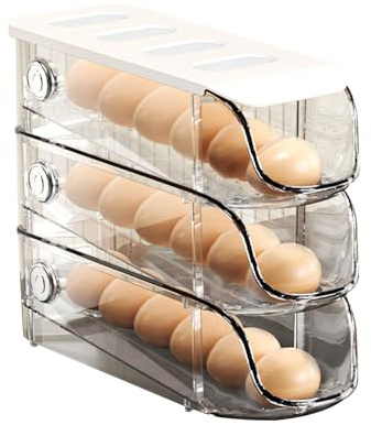 Zerodis Stackable Automatic Rolling Egg Holder for Fridge, Large Capacity Freshness Plastic Container Organizer for Refrigerator, Cupboards (White)
