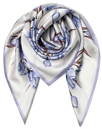 SHIROUYU Écharpe 100% pure soie de mûrier 88,9 cm Grand foulard carré léger – Écharpe pour cheveux pour femme – Avec emballage cadeau, Blanc/bleu, 35 x 35