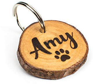 Hundemarke mit Gravur aus Holz mit Rinde personalisiert | wetterfest Massivholz, Adressanhänger für Hunde Halsband | beidseitig mit Telefonnummer | natürliches Namensschild ohne klimpern