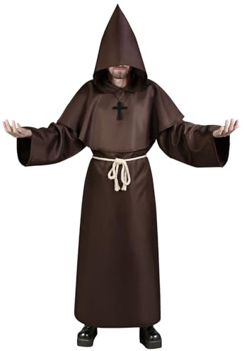 Aomig Deguisement Moine, Médiéval Renaissance Moine Costume Robe, Capot Encapuchonné Costume, Costume Robe de Prêtre Halloween avec Collier Croix, Cape à Capuchon Longue pour Carnaval Cosplay(Brun-XL)