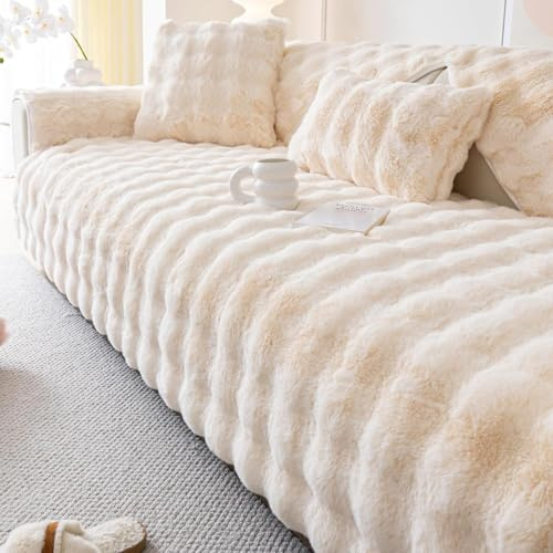 Warm Faux Rabbit Fur Couch Cover, Non Slip Sofa Cover(90x180cm, White) | Fuzzy Sofa Cover for 3 seater, L Shape Sofa Protectors from Pets, Soft Skin Friendly Slipcover, Plush Couch Cover Washable