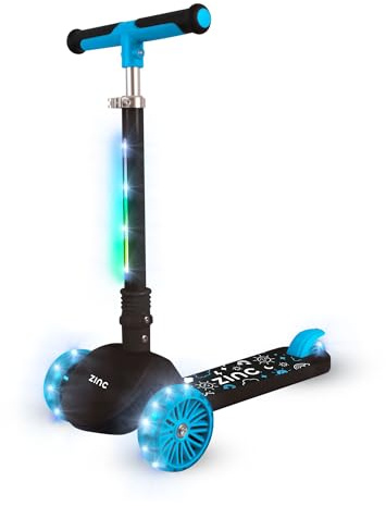 Zinc T-Motion Shine - Patinete para niños a partir de 3 años, plegable de tres ruedas para niños y niñas con cubierta y ruedas con luz LED, manubrio ajustable, controles de inclinación y dirección,