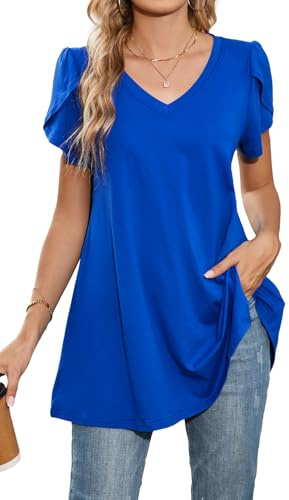Enmain damblusar kortärmad sommartoppar för kvinnor plus size v-ringad lös passform uppklädd tunika toppar vardaglig swing-t-shirt, Kungsblå, XXL