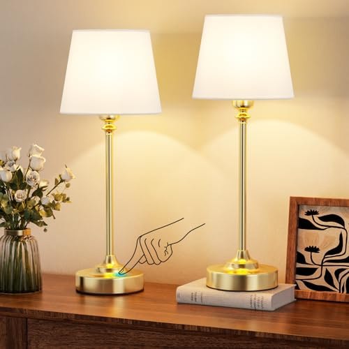 PreeOtti 2 Pezzi Lampada da Tavolo LED Senza Fili, Batteria Ricaricabile, Dimmerabile, Paralume in Lino Bianco, Lampada da Comodino LED per Camera da letto, Sala da Pranzo, Soggiorno, Deco(Ottone)