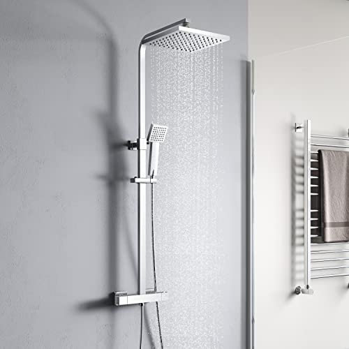 YOOZENA Duschsystem,Duscharmatur Komplettset,Duscharmatur mit Thermostat, Duschkopf mit Schlauch und Halterung，Regendusche mit armatur, Chrom
