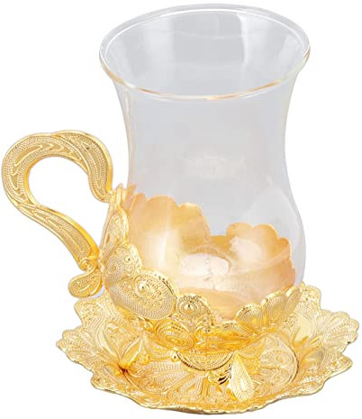 ZJchao Tazas de café Expreso, Juego de Tazas de té con Líneas Brillantes, Tazas de café de Cristal Dorado, Juego de Taza y Platillo de café Tallado Europeo, Elegantes Tazas de té Retro