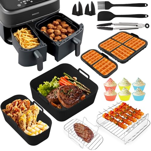 Airfryer Zubehör für Philips Dual Basket Airfryer 3000/5000 Serie (6L/3L), 1:1 Maßgeschneiderte Form BPA-frei Heißluftfritteuse Zubehör mit Silikonform und Silikon-Waffelbackform