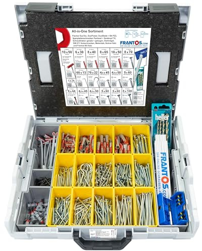 FRANTOS ALL-IN-ONE Schrauben und Dübel Set (577 Teile) in L-BOXX für Heimwerker und Profis, Fischer Dübelsortiment, Universalbohrer und TX Bit Satz + Zollstock