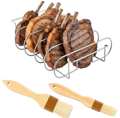Stainless Steel Steak and Ribs Holder, BBQ Rib Rack Basket, Roast Steak Stand, Spareribs Halter Grill, 2 in 1 BBQ Grill Frame with 2 Pens